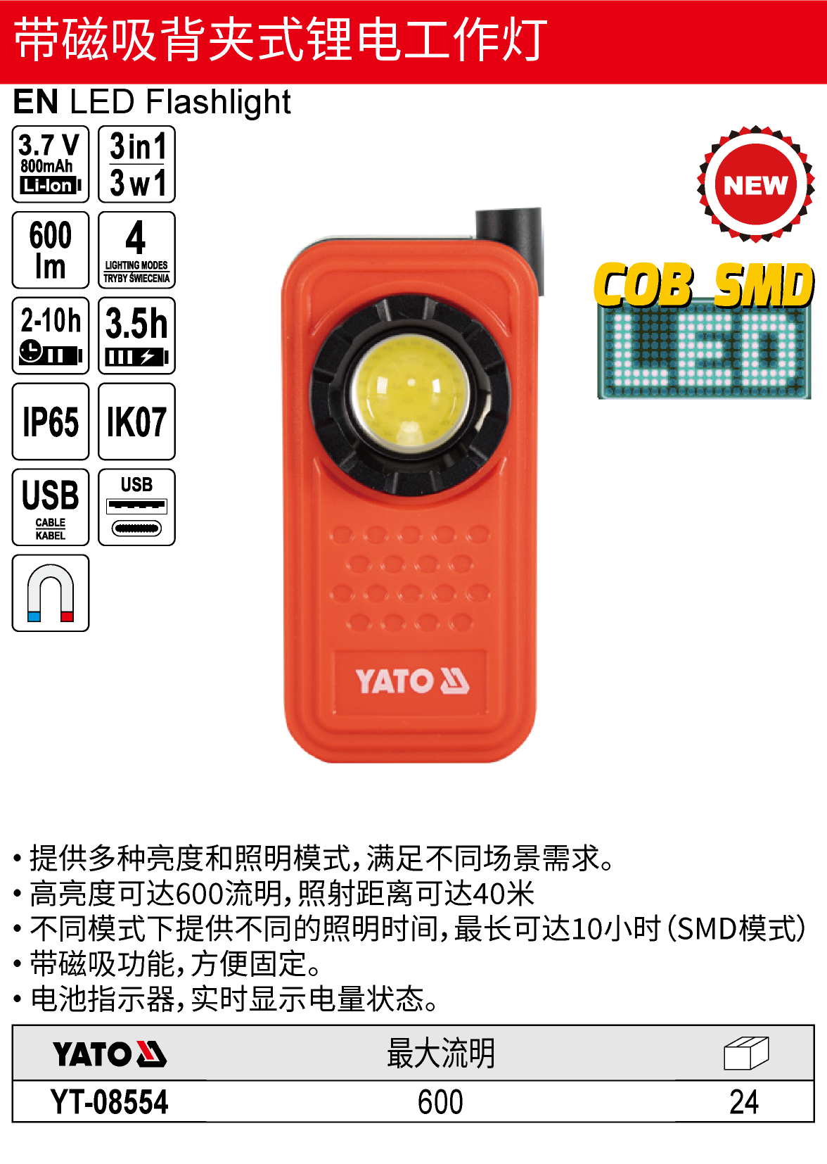 带磁吸背夹式锂电工作灯